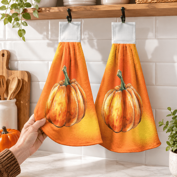 Fall Pumpkhanging Kitchen Towels 2 Pieces Orange Dish Decorative Hand Towel Soft Lightweight Polyester Tie For Bathroom Dorm Home