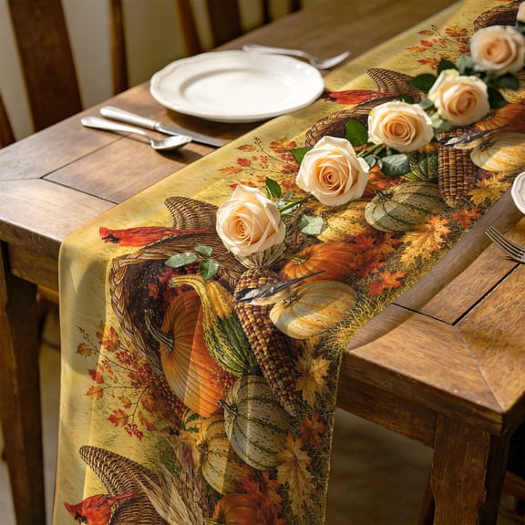Fall Pumpkin 10 ft Cheesecloth Table Runner for Wedding 27"x120", Cardinal Bird Pattern Wildlife Corn Maple Leaf Rustic Kitchen Dinner Sheer Tulle Chiffon Dresser Scarf, Holiday Party Decorations