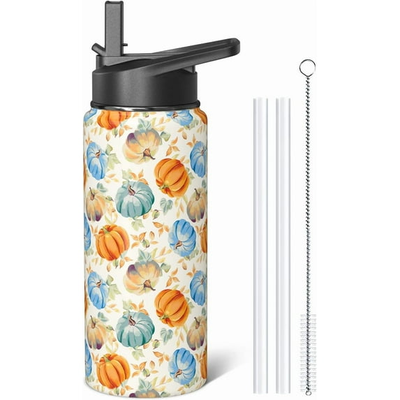 Fall Pumpkin 18oz Water Bottles with Flip Straw & Spout Lid, Colorful Pumpkins Stainless Steel Travel Sport Water Bottle, Holiday Gifts for Women Men (1 PC)