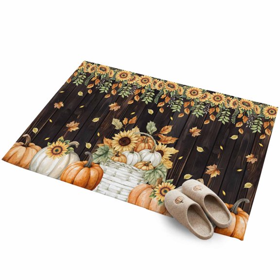 Fall Pumpkin 2'x3' Small Rugs for Entryway Front Door Kitchen Sink Area, Sunflower Maple Leaf Deciduous Brown Wood Soft Sturdy Mats Washable Non Slip Rectangle Area Rug