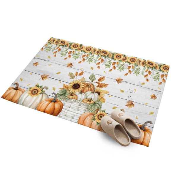 Fall Pumpkin 2'x3' Small Rugs for Entryway Front Door Kitchen Sink Area, Sunflower Maple Leaf Deciduous White Wood Soft Sturdy Mats Washable Non Slip Rectangle Area Rug