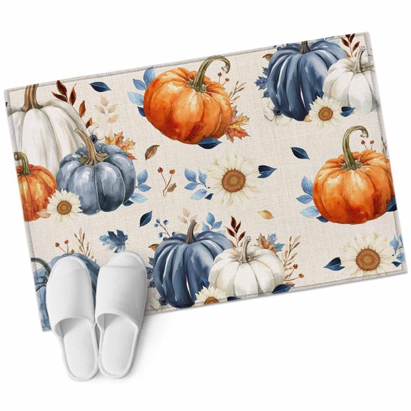 Fall Pumpkin 2'x3' Washable Rug, Thanksgiving Autumn Daisy Rustic Leaves Beige Non-Slip Soft Doormat Area Rugs for Entrance Bathroom Bedsides, Carpet for Kitchen Bedroom, Entryway Floor Mat