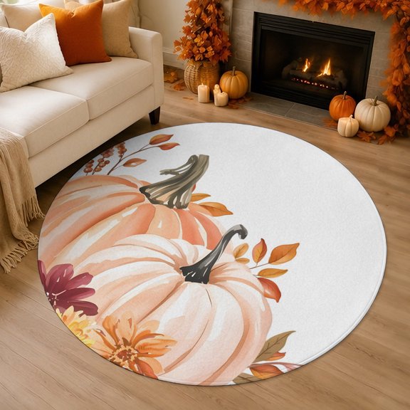 Fall Pumpkin 3' Round Rug for Bathroom Accent Bedside Corner, Red Flower Leaf Thanksgiving Autumn Washable Non Slip Soft Circle Area Rug for Small Spaces Entryway