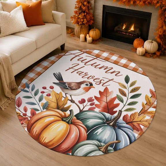 Fall Pumpkin 3' Round Rug for Bathroom Accent Bedside Corner, Thanksgiving Autumn Harvest Washable Non Slip Soft Circle Area Rug for Small Spaces Entryway