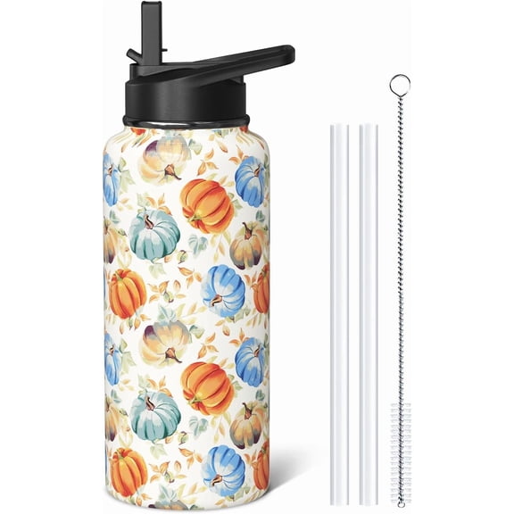 Fall Pumpkin 32oz Water Bottles with Flip Straw & Spout Lid, Colorful Pumpkins Stainless Steel Travel Sport Water Bottle, Holiday Gifts for Women Men (1 PC)