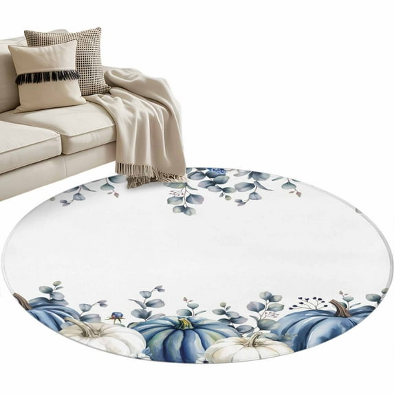 Fall Pumpkin 3ft Area Rug, Thanksgiving Blue White Eucalyptus Leaves Washable Non-Slip Small Round Rugs for Entryway Bedroom Kitchen, Soft Circle Carpet for Dining Room, Playroom Nursery Rug