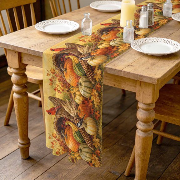Fall Pumpkin 4.5ft Cheesecloth Table Runner for Wedding 19"x55", Cardinal Bird Pattern Wildlife Corn Maple Leaf Rustic Kitchen Dinner Sheer Tulle Chiffon Dresser Scarf, Holiday Party Decorations