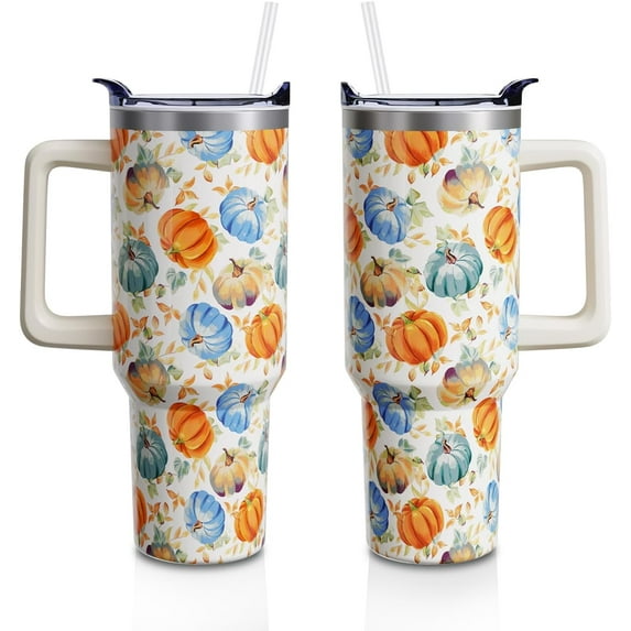 Fall Pumpkin 40oz Tumbler Cup with Handle and Straw, Colorful Pumpkins Gifts for Women Men, Autumn Stainless Steel Insulated Water Bottle 1PC