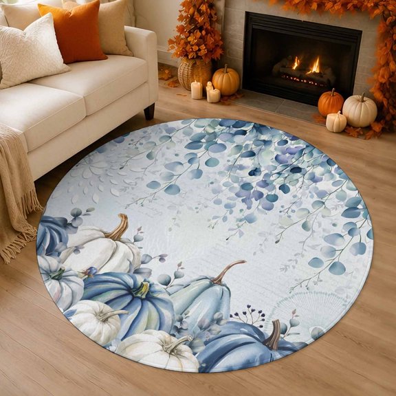 Fall Pumpkin 5' Round Rugs for Lounge Area Dining Table for 4 People, Blue Eucalyptus Leaves Washable Non Slip Circle Area Rug for Reading Nook