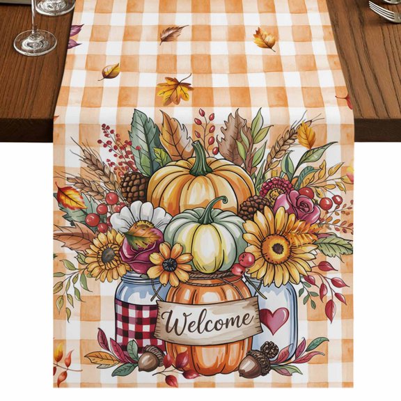 Fall Pumpkin 72 Inch Table Runner, Thanksgiving Sunflower Orange Plaid Maple Farmhouse Dresser Scarf Cotton & Linen Tablerunner for Dining/Kitchen Island/Holiday Party Décor 13" x 72"
