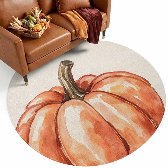 Fall Pumpkin 8' Round Rugs for Open Concept Living Room Seating Zone, Autumn Plant Linen Texture Farmhouse Washable Non Slip Mats Large Circle Lounge Area Area Rug