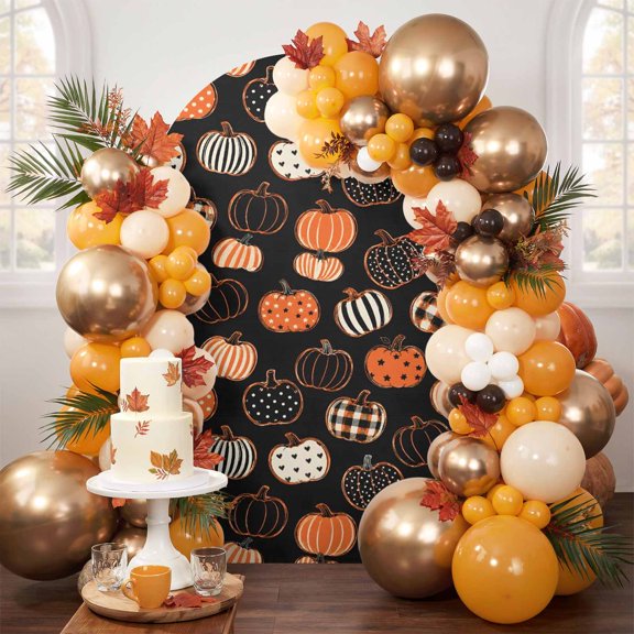 Fall Pumpkin Arch Backdrop Cover 4FT, Autumn Thanksgiving Cartoon Art Black Spandex Fitted Stretchy Arch Stand Covers, Round Top Chiara Backdrop Cover for Wedding Party Birthday Baby Shower