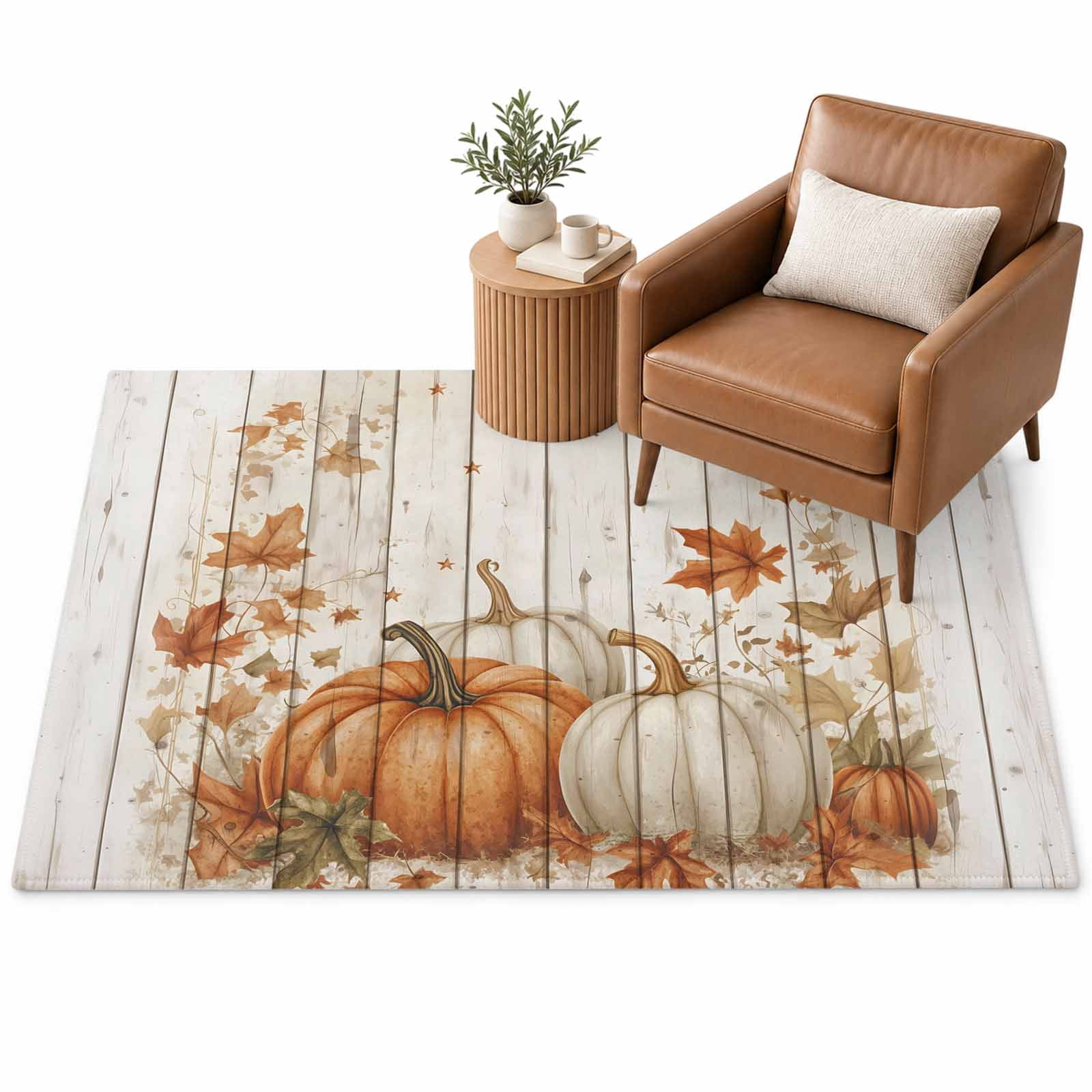 Fall Pumpkin Area Rug 3'x5', Orange Maple Leaf Watercolor Wood Texture ...