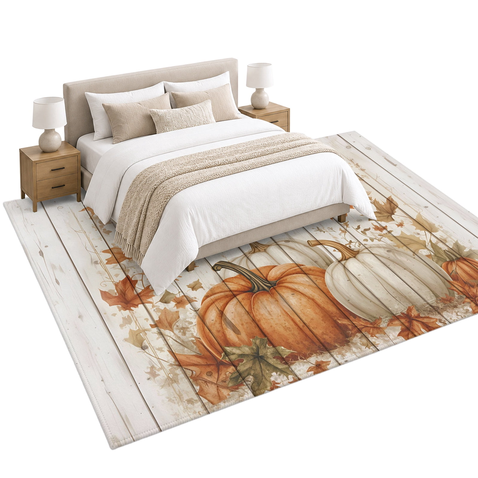 Fall Pumpkin Area Rug 6'x9', Orange Maple Leaf Watercolor Wood Texture ...