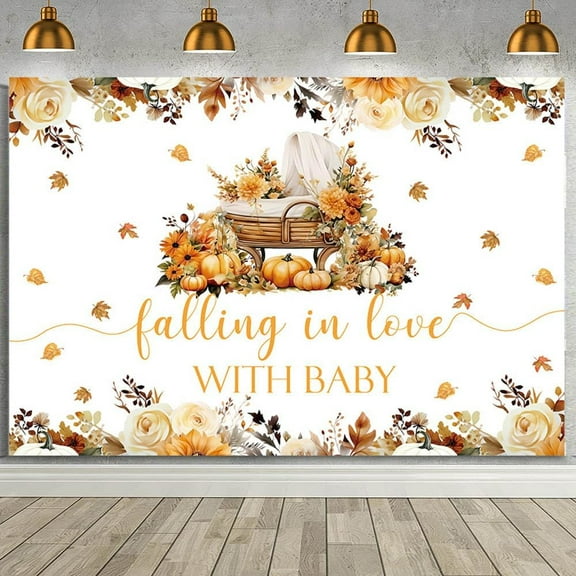 Fall Pumpkin Baby Shower Backdrop Falling in Love with Baby Photography Background Autumn Pumpkin Floral Baby Carriage Birthday Party Decoration Banner for Kids Photo Booth Props