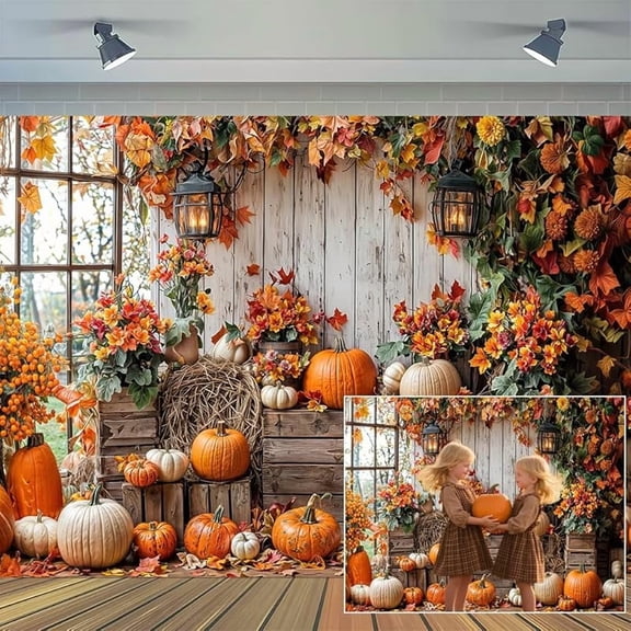 Fall Pumpkin Backdrop Autumn Rustic Wooden Floor Barn Photography Background Maple Leaves Thanksgiving Day Family Harvest Holiday Party Decorations Banner Supplies Photo Booth Props