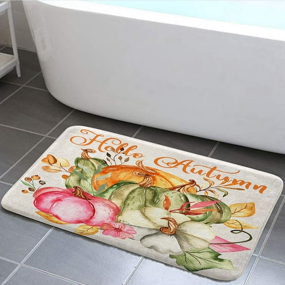 Fall Pumpkin Bath Mat, Autumn Leaves Thanksgiving Bathroom Rugs Soft Flannel Bath Mats Bathroom Decor Warm Floor Mat Living Room Bedroom Rugs, 29x17 Inches