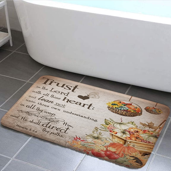 Fall Pumpkin Bath Mat, Autumn Leaves Thanksgiving Farmhouse Rustic Bathroom Rugs Soft Flannel Bath Mats Bathroom Decor Warm Floor Mat Living Room Bedroom Rugs, 24x16 Inches