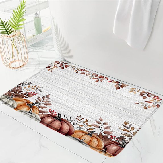 Fall Pumpkin Bath Mat Thanksgiving Watercolor Leaves Autumn Pumpkin Harvest Doormat Microfiber Memory Foam Absorbent Area Rug Bathroom Decor Rug,16x24 Inch