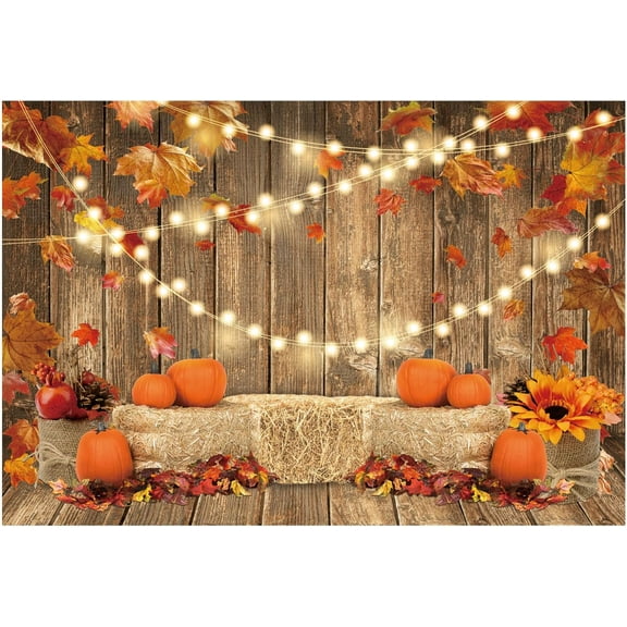 Fall Pumpkin Beautiful Photography Backdrop Autumn Thanksgiving Harvest Hay Leaves Wooden Background Sunflower Maple Baby Shower Banner Decoration Party Supplies Photo Booth Prop