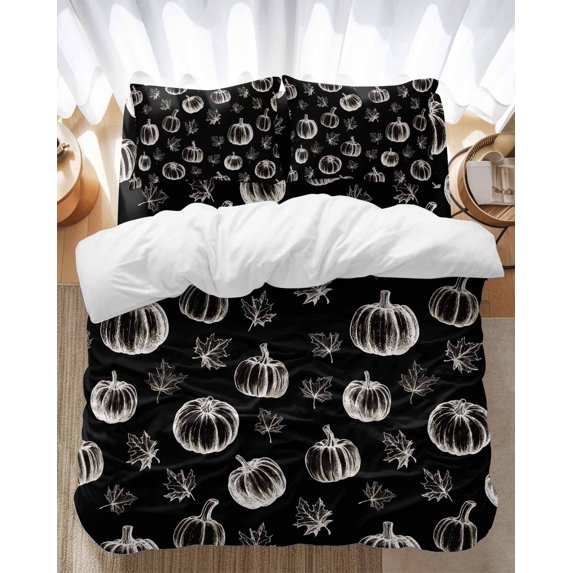 Fall Pumpkin Bedding Duvet Cover Set Twin Size 4 Pieces Maple Leaf Thanksgiving Black Background Bedding Set with Zipper Closure, 1 Comforter Cover 68x86 Inches 1 Flat Sheet & 2 Pillow Cases