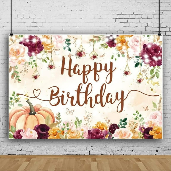 Fall Pumpkin Birthday Photography Backdrop Watercolor Pumpkins Burgundy Flower Background Happy Birthday Party Backdrop Autumn Thanksgiving Farm Harvest Baby Shower Party Decor