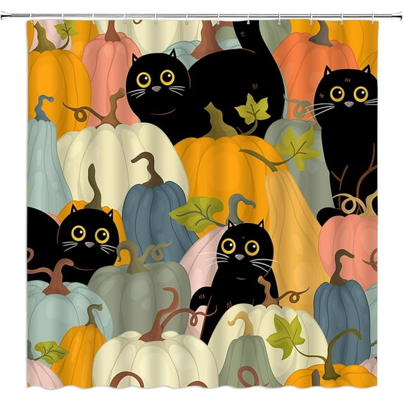 Fall Pumpkin Black Cat Shower Curtain Thanksgiving Harvest Autumn Holiday Witch Kitten Halloween Rustic Farmhouse Fabric Decorative Bathroom Curtains with Hooks,Orange,