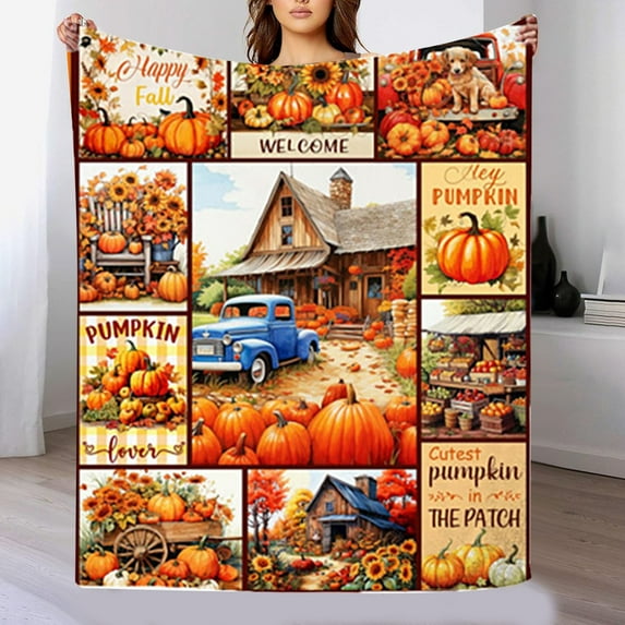 Fall Pumpkin Blanket 130*150 Orange Yellow Cream White Autumn Colored Print Thanksgiving Throw Blanket Lightweight Warm Soft Blanket Farmhouse Seasonal Decor for Home Living Room Sofa Couch Bed