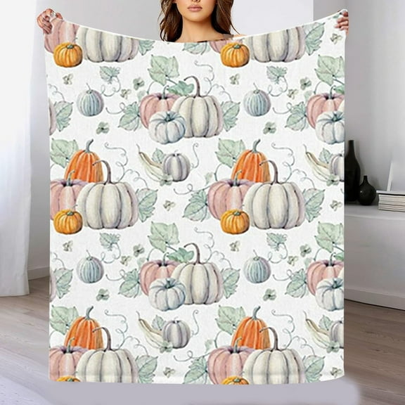 Fall Pumpkin Blanket 130*150 Orange Yellow Cream White Autumn Colored Print Thanksgiving Throw Blanket Lightweight Warm Soft Blanket Farmhouse Seasonal Decor for Home Living Room Sofa Couch Bed