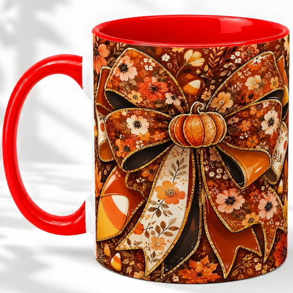 Fall Pumpkin Bow Accent Mug, 11oz Ceramic Coffee Cup for Fall Lovers
