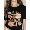 thumbnail image 1 of Fall Pumpkin Bow T-Shirt Women's Autumn Harvest Floral Print Casual Tee For Halloween Thanksgiving Seasonal Outfit, 1 of 7