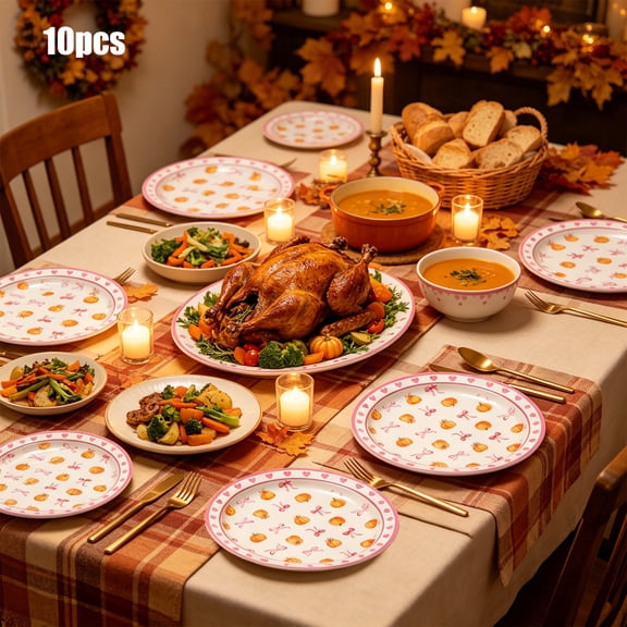 Fall Pumpkin Bow Tie Disposable Paper Plates Set for Halloween, Thanksgiving Party Table Decor