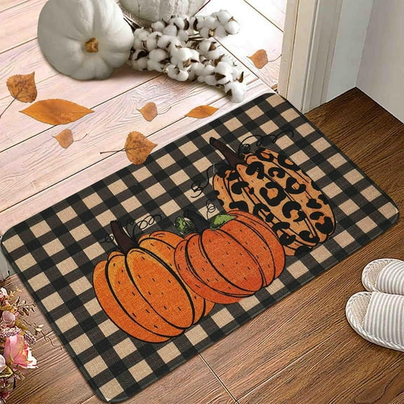 Fall Pumpkin Buffalo Plaid Door Mat Seasonal Autumn Harvest Thanksgiving Decorative Doormat Welcome Floor Mat for Indoor Outdoor Non Slip Floor Mat Rugs for Home Decor 17x30 Inch