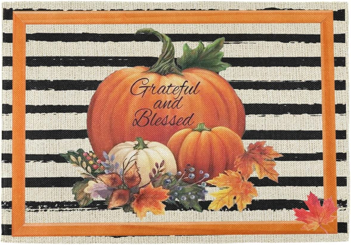Fall Pumpkin Burlap Placemats Set of 4 Autumn Maple Leaves Happy