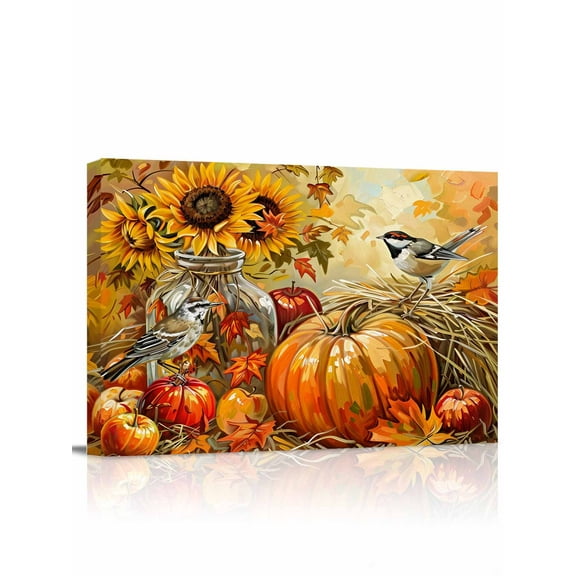 Fall Pumpkin Canvas Print Wall Art Framed Canvas Art Wall Decor Bird Thanksgiving Sunflowers Pictures Painting Morden Artwork for Living Room Bedroom, Ready to Hang - 12"x16"