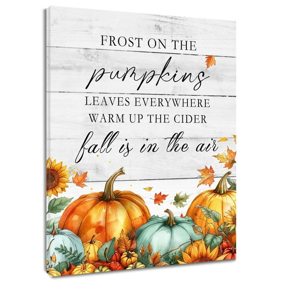 Fall Pumpkin Canvas Wall Art Autumn Thanksgiving Maple Leaves Wall Art Inspirational Quotes on Rural Wood Board Wall Art Home Decor Framed for Bedroom Living Room Easy to Hang,16x20 Inches