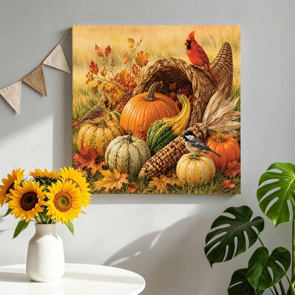 Fall Pumpkin Canvas Wall Art for Living Room, Cardinal Bird Pattern Wildlife Corn Maple Leaf Rustic Poster Print Painting for Bedroom Office Home Decoration Wall Pictures Prepare To Hang 8"x8"