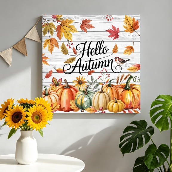 Fall Pumpkin Canvas Wall Art for Living Room, Hello Autumn Maple Leaf Bird Wood Grain Poster Print Painting for Bedroom Office Home Decoration Wall Pictures Prepare To Hang 8"x8"