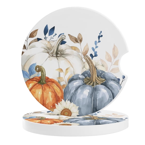 Fall Pumpkin Car Coasters for Cup Holders Set of 2 Absorbent, 2.56" Ceramic Drinks Cupholder Coasters with Finger Notch Thanksgiving Eucalyptus Leaves White Daisy Auto Interior Accessories for Women