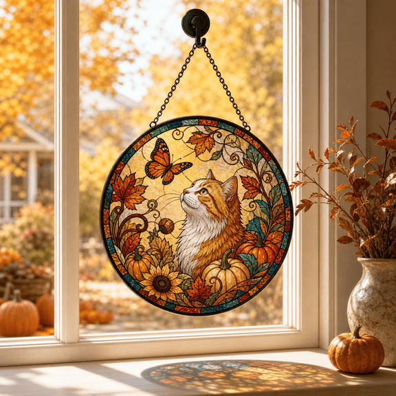 Fall Pumpkin Cat Suncatcher Window Hanging, Stained Glass Style Cat Lover Gift