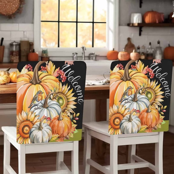 Fall Pumpkin Chair Covers Set of 1 Harvest Sunflower Bird Autumn Leaf Welcome Chair Back Covers Stretch Removable Washable Slipcovers Protector for Dining Room Kitchen Party Decor