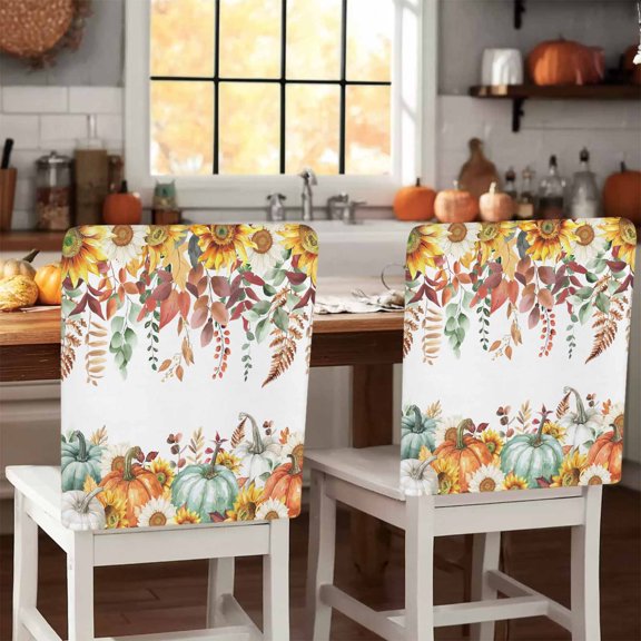 Fall Pumpkin Chair Covers Set of 1 Thanksgiving Autumn Leaf Sunflowers Orange Green Chair Back Covers Stretch Removable Washable Slipcovers Protector for Dining Room Kitchen Party Decor