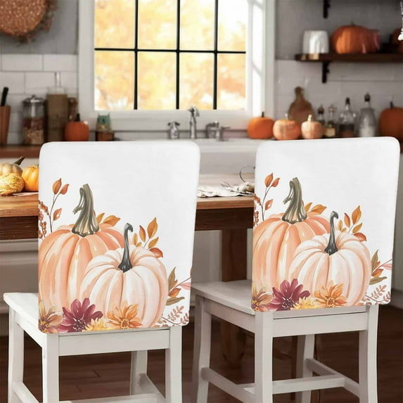 Fall Pumpkin Chair Covers Set of 4 Red Flower Leaf Thanksgiving Autumn Chair Back Covers Stretch Removable Washable Slipcovers Protector for Dining Room Kitchen Party Decor