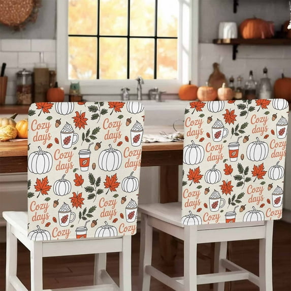Fall Pumpkin Chair Covers Set of 6 Cozy Days Coffee Maple Leaf Nuts Vintage Chair Back Covers Stretch Removable Washable Slipcovers Protector for Dining Room Kitchen Party Decor