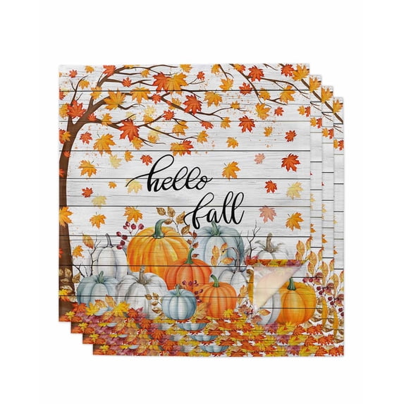 Fall Pumpkin Cloth Napkins Set of 4 Reusable Dinner Napkins, Orange White Thanksgiving Maple Leaf Cocktail Napkin Washable Table Napkins for Wedding/Holiday Party/Baby Shower 20"x20"