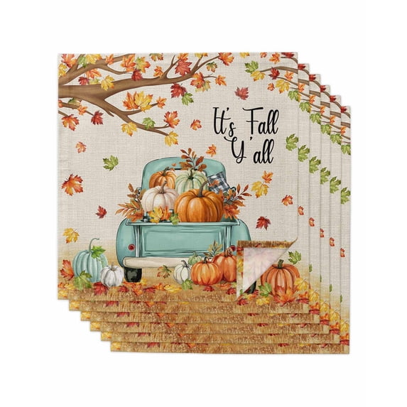 Fall Pumpkin Cloth Napkins Set of 6 Reusable Dinner Napkins, Autumn Maple Leaf Retro Farmhouse Truck Cocktail Napkin Washable Table Napkins for Wedding/Holiday Party/Baby Shower 20"x20"