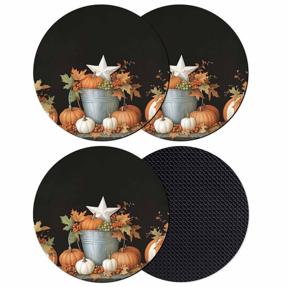 Fall Pumpkin Coasters Set of 4, Absorbent Coasters for Drinks, Rustic Star Thanksgiving Maple Leavf Black Coaster for Desk Coffee Table Protection, Home Decor House Warming Gifts 4"