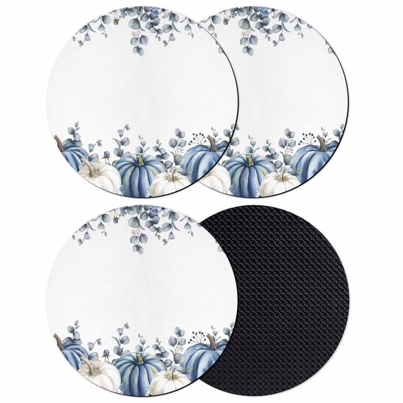 Fall Pumpkin Coasters Set of 4, Absorbent Coasters for Drinks, Thanksgiving Blue White Eucalyptus Leaves Coaster for Desk Coffee Table Protection, Home Decor House Warming Gifts 4"