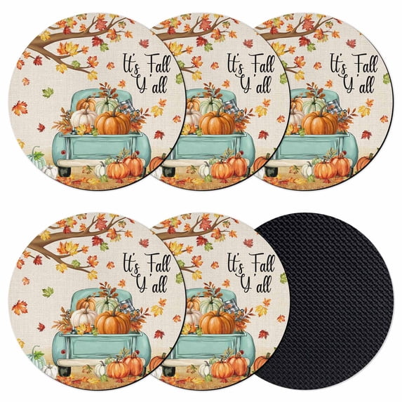 Fall Pumpkin Coasters Set of 6, Absorbent Coasters for Drinks, Autumn Maple Leaf Retro Farmhouse Truck Coaster for Desk Coffee Table Protection, Home Decor House Warming Gifts 4"