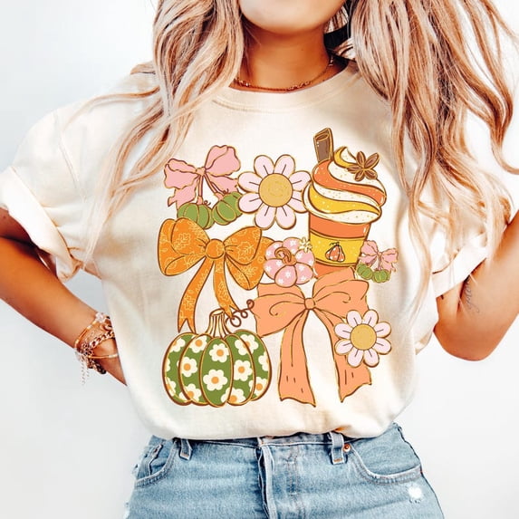 Fall Pumpkin Coquette Shirt, Boho Floral Fall Shirt, Preppy Pumpkin Spice Coffee Shirt, Girly Autumn Shirt Design, Floral Pumpkin Sublimation